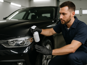 Mecânico em oficina automotiva aplicando produto de proteção na lataria de um carro preto, com iluminação profissional e ambiente limpo.