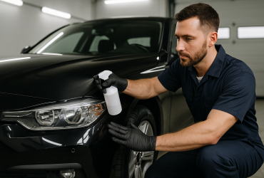 Mecânico em oficina automotiva aplicando produto de proteção na lataria de um carro preto, com iluminação profissional e ambiente limpo.